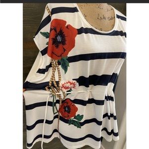 Desigual Top Womens Size M Floral Blue Stripped Short Sleeve Pullover Blouse